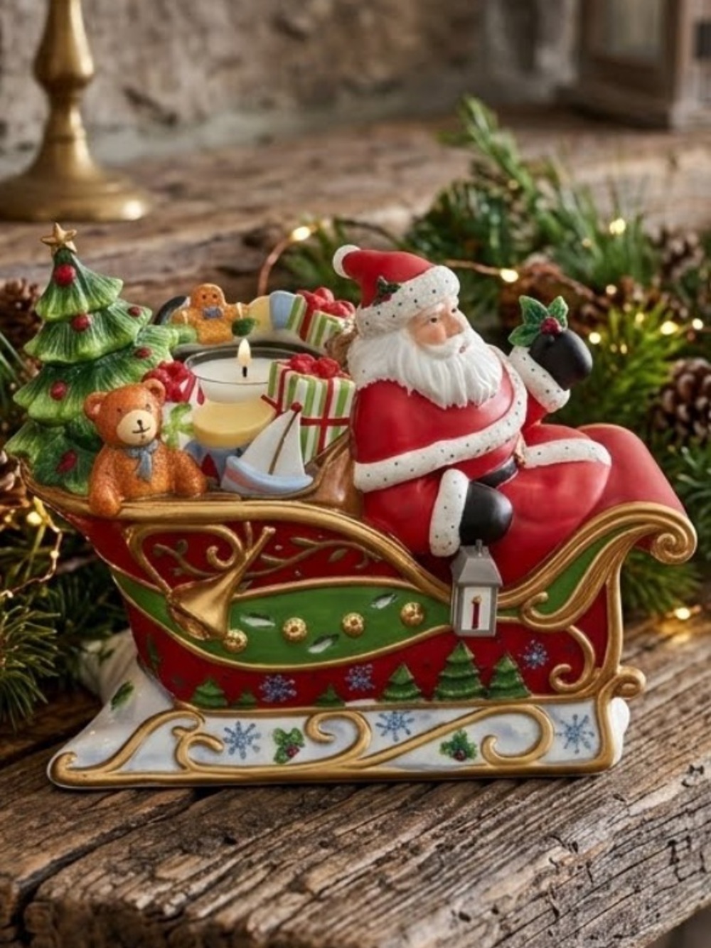 PartyLite Painted Santa in Red Sleigh with Green Tree & Gold Accents